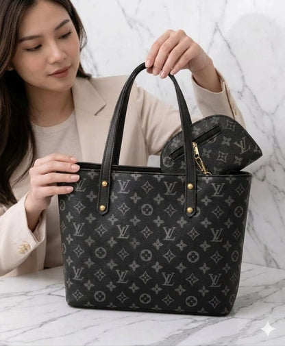 Women's Black Leather Handbag Set with Zipper Compartment