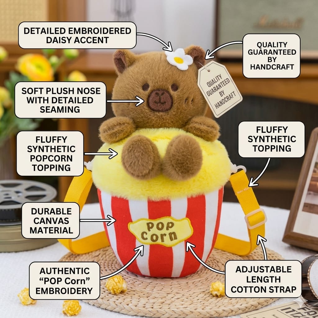 Cute Plush Popcorn Crossbody Bag for Girls – Teddy & Bunny Shoulder Bag | Soft Kawaii Mini Purse