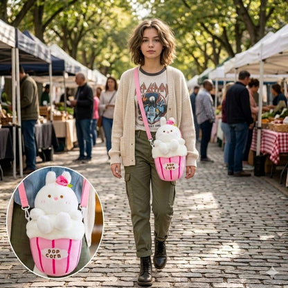 Cute Plush Popcorn Crossbody Bag for Girls – Teddy & Bunny Shoulder Bag | Soft Kawaii Mini Purse