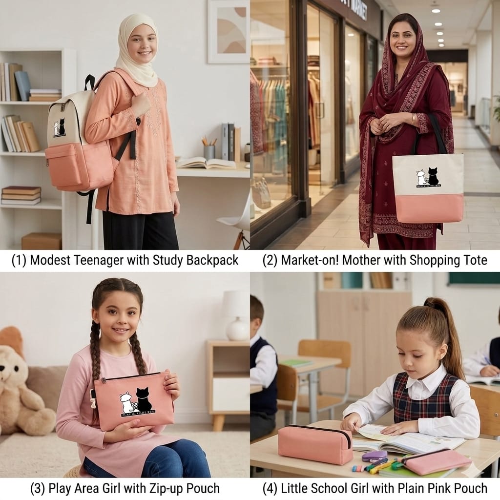 4Pcs Cat Print Backpack Set – School/College Backpack with Tote Bag, Pouch & Pencil Case