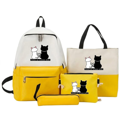 4Pcs Cat Print Backpack Set – School/College Backpack with Tote Bag, Pouch & Pencil Case