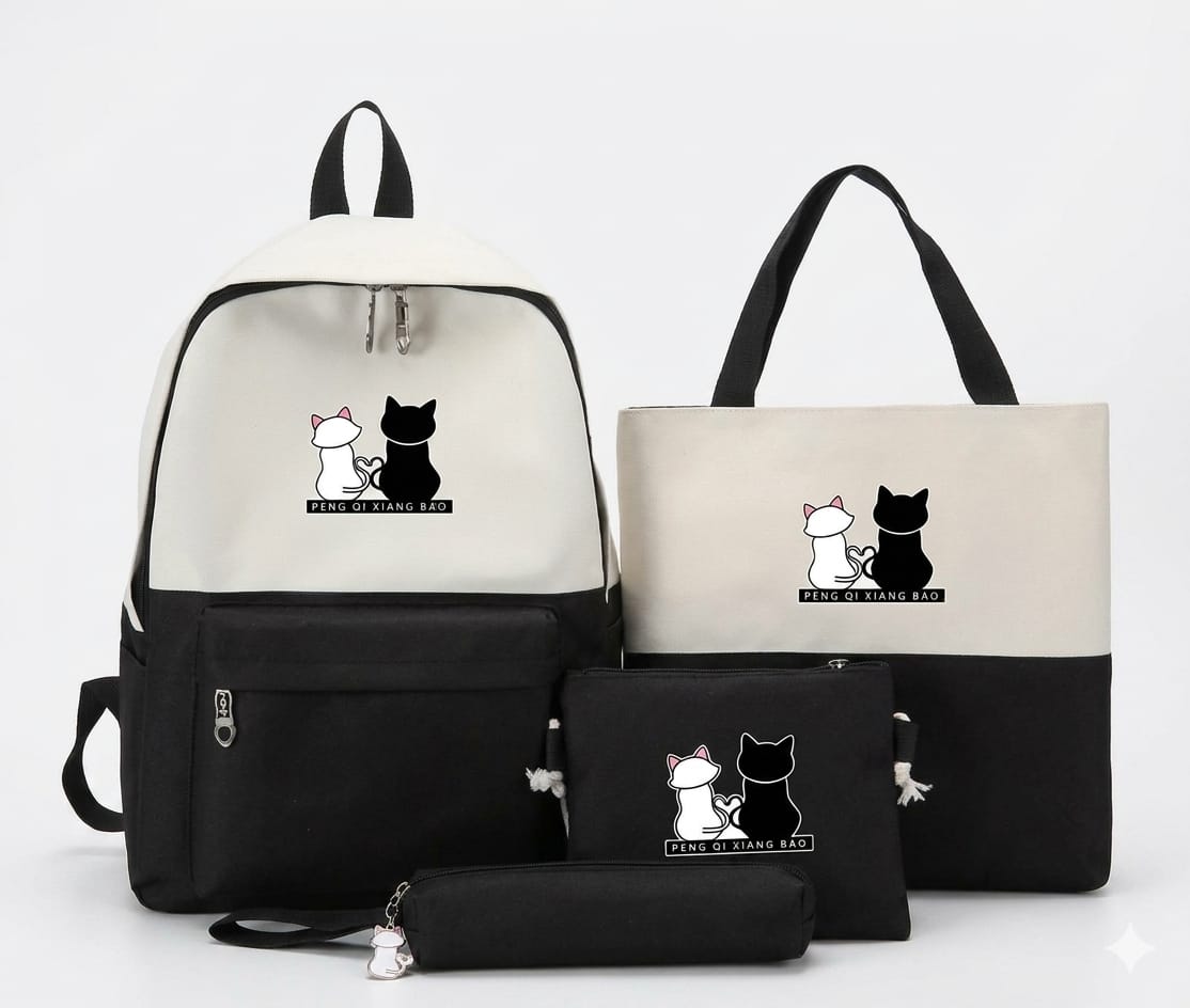 4Pcs Cat Print Backpack Set – School/College Backpack with Tote Bag, Pouch & Pencil Case