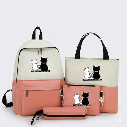 4Pcs Cat Print Backpack Set – School/College Backpack with Tote Bag, Pouch & Pencil Case