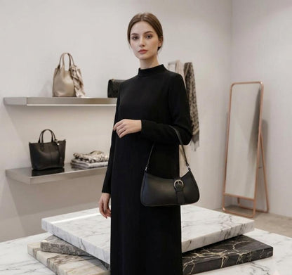 Women's Black Shoulder Bag – Elegant Buckle Detail Handbag