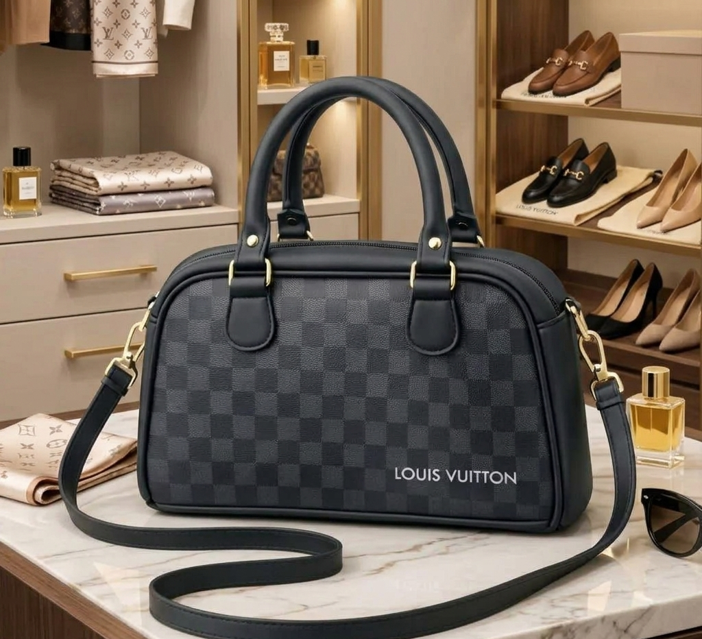 Premium Checkered Pattern Ladies Handbag - Black & Grey Satchel with Crossbody Strap